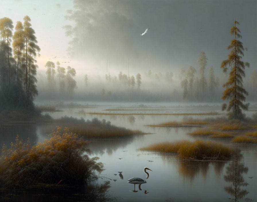 Tranquil wetland scene at dawn with swans, mist, and forest backdrop