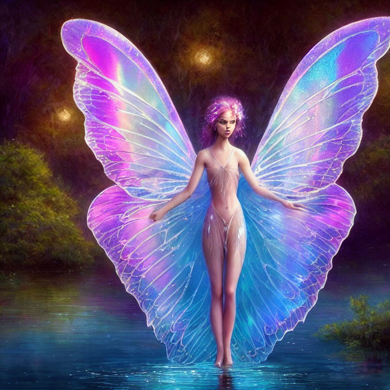 Fantasy humanoid creature with vibrant butterfly wings in mystical forest