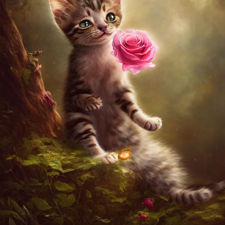 Illustration of a kitten with big eyes holding a pink rose near a tree, ivy, and