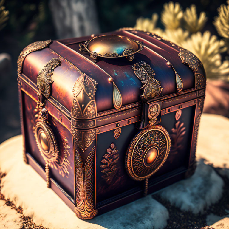 Vintage Chest with Intricate Metallic Details on Soft-Focused Background