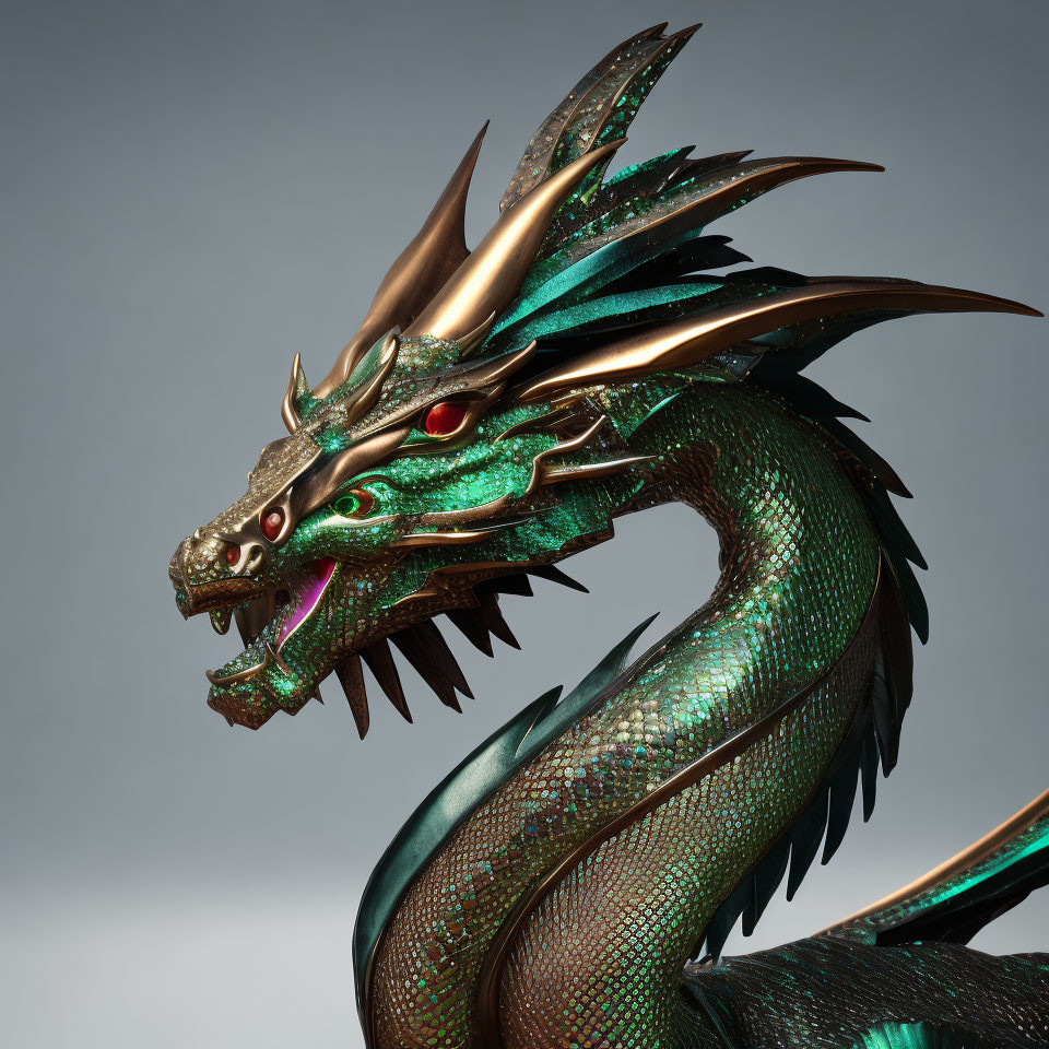 Detailed Metallic Dragon with Green Scales and Gold Horns on Gray Background