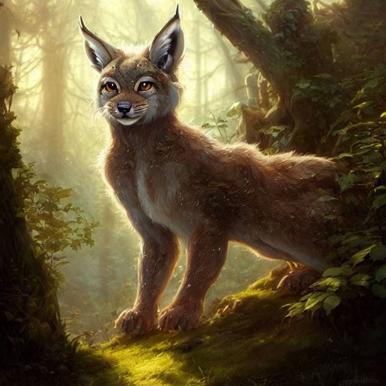 Fox-bodied creature with human-like face in misty forest