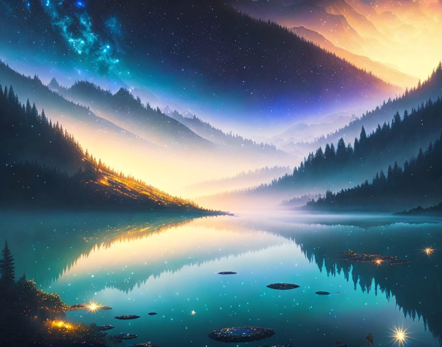 Tranquil landscape with starry night sky, galaxy, lake, misty mountains