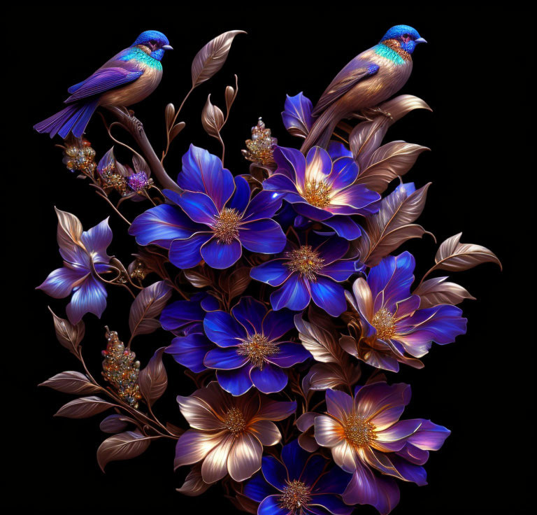 Vibrant blue birds on branches with blue and brown flowers on dark background