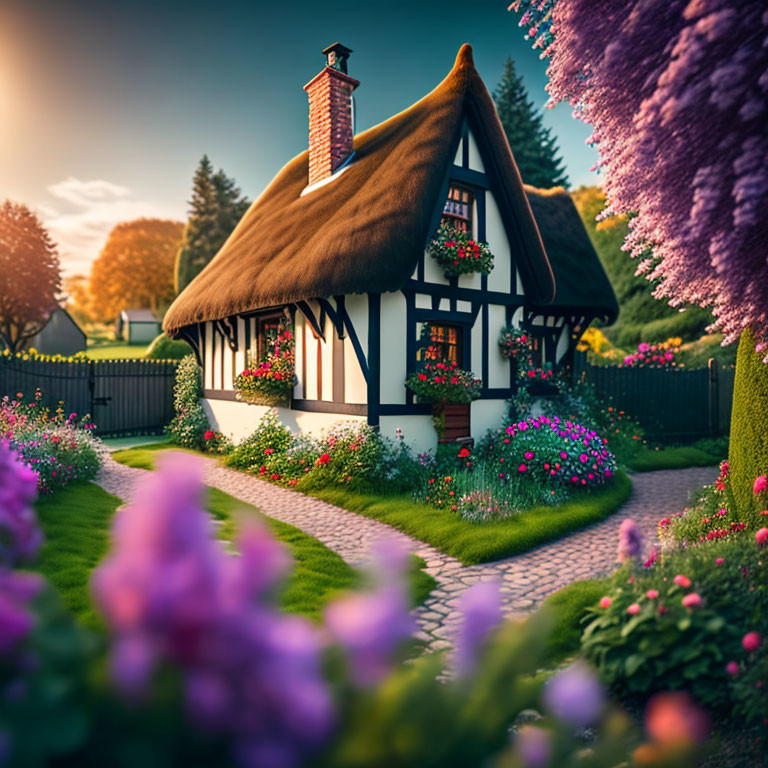 Thatched-Roof Cottage with Blooming Flowers and Greenery at Sunset