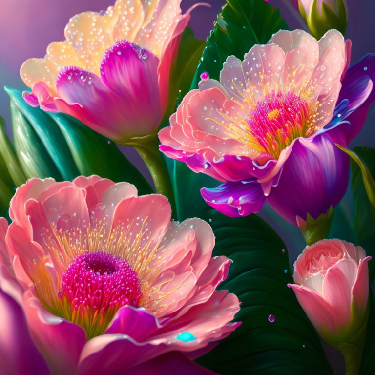 Colorful Digital Art: Dew-Kissed Pink Flowers with Green Leaves & Purple Accents