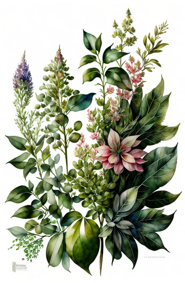 Botanical illustration of green, pink, and purple plants on white background