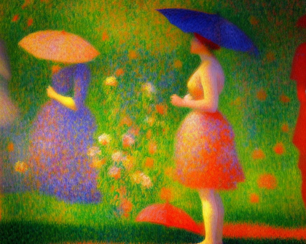 Impressionist-style painting of three figures with umbrellas in a vibrant flower garden