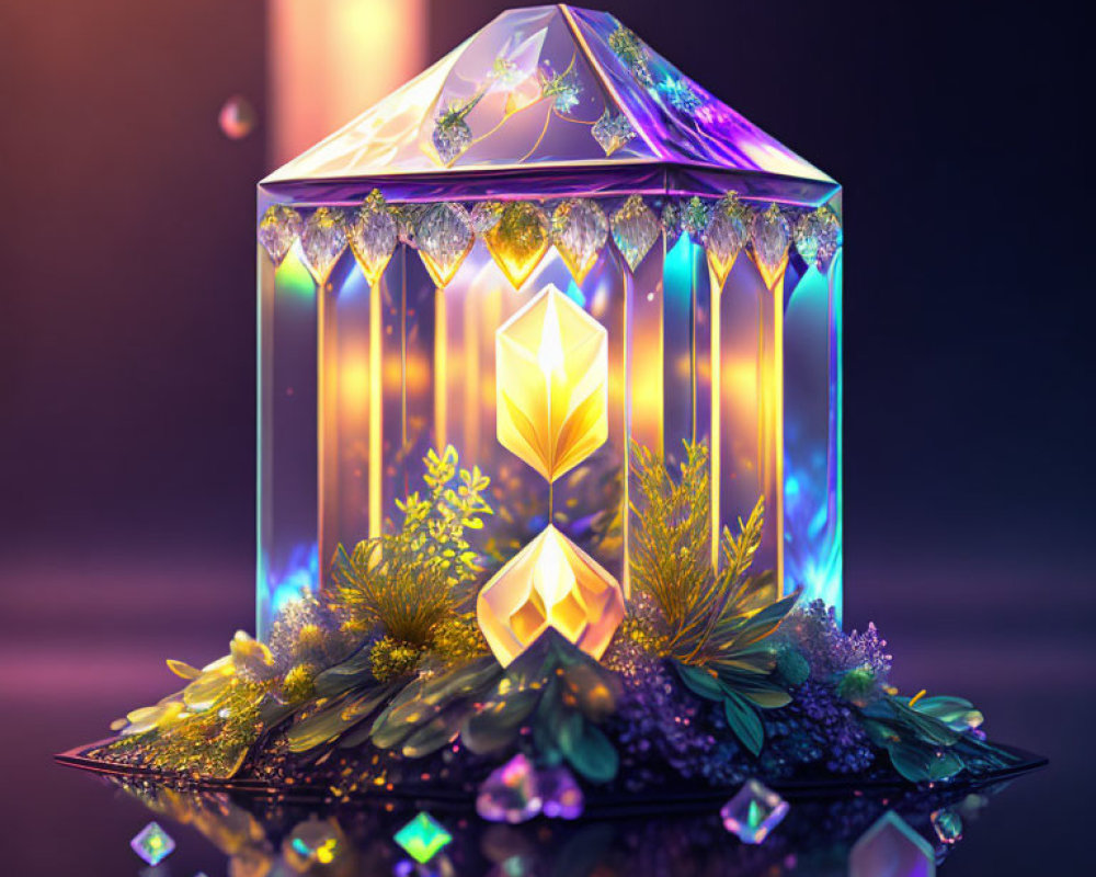 Luminous crystal lantern amidst lush greenery and sparkling gems