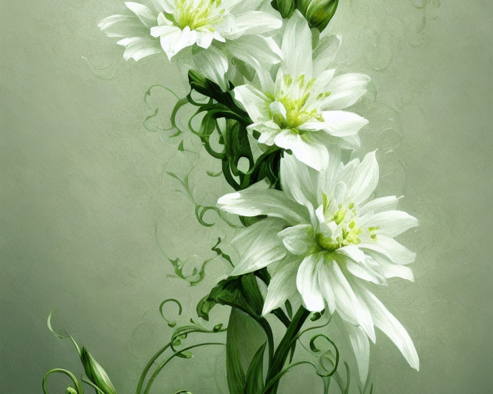 Three white flowers on textured green background with swirl details