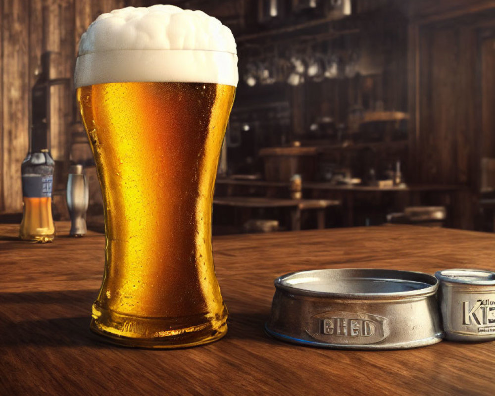 Foamy Beer Glass on Wooden Bar with Ashtray and Cans