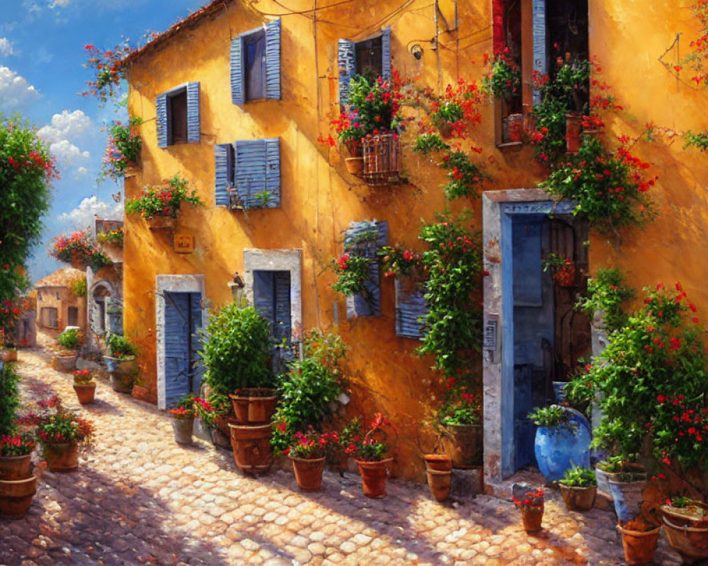 Picturesque cobblestone street with yellow houses, blue shutters, and red flowers.