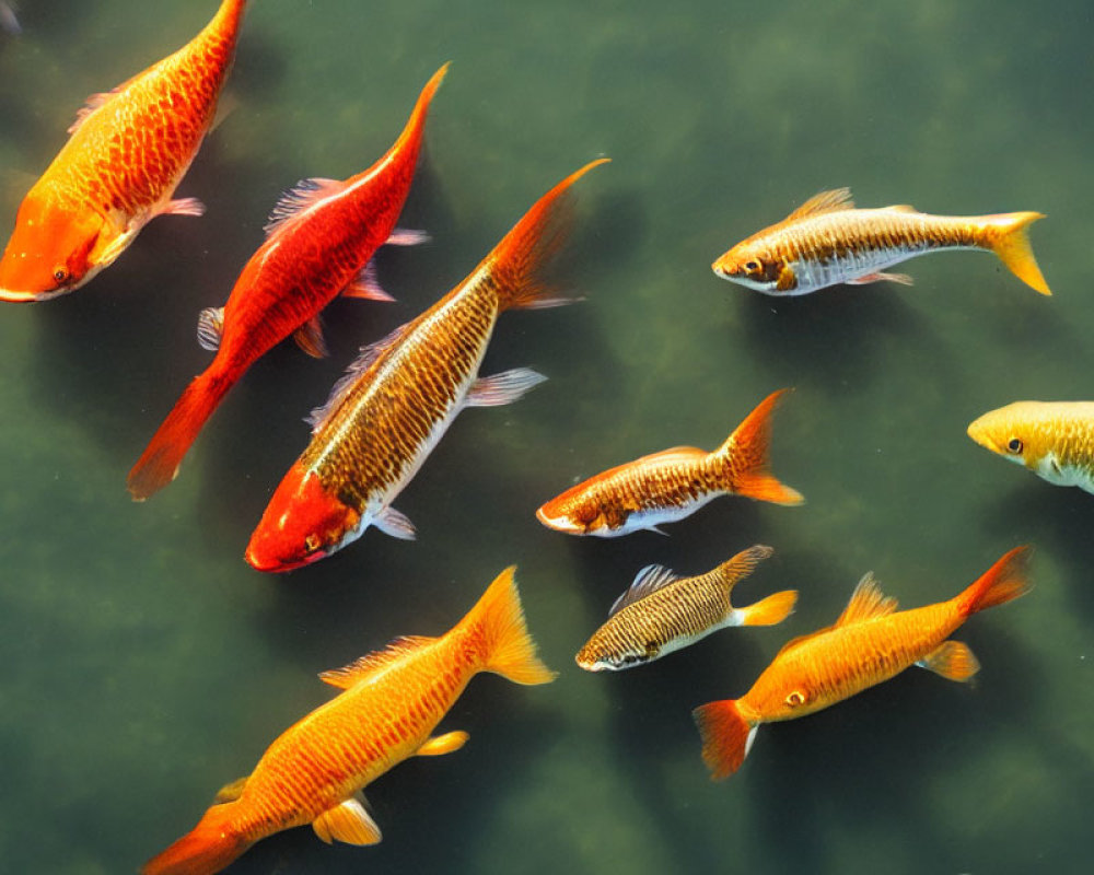 Colorful Koi Fish Swimming in Green Water