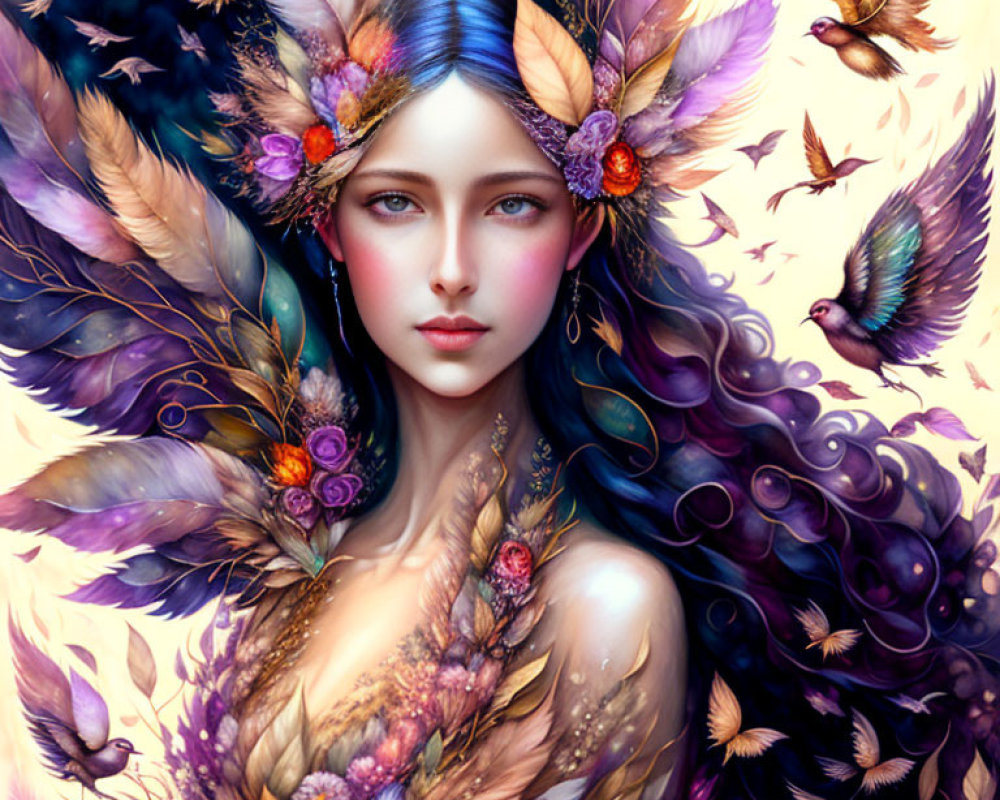 Vibrant woman with feathers and flowers, surrounded by birds