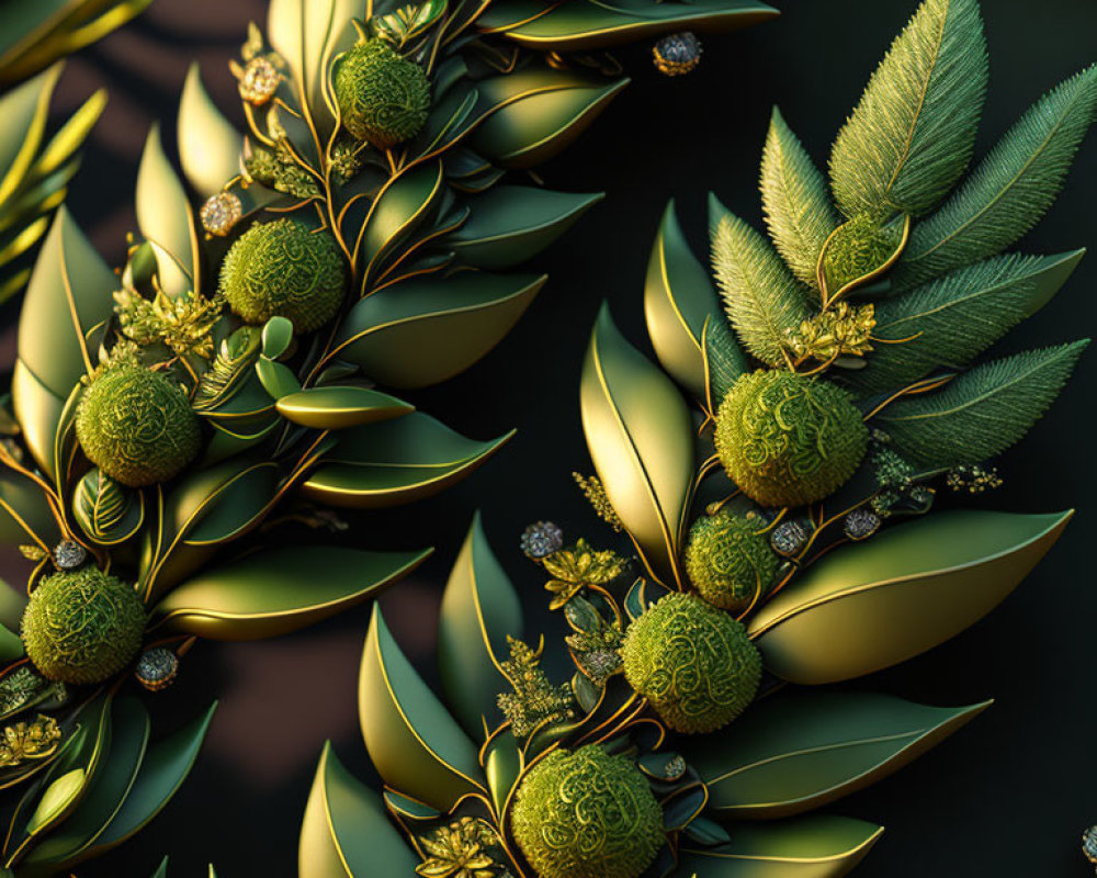 Stylized digital art: ornate foliage with golden and green leaves on dark backdrop