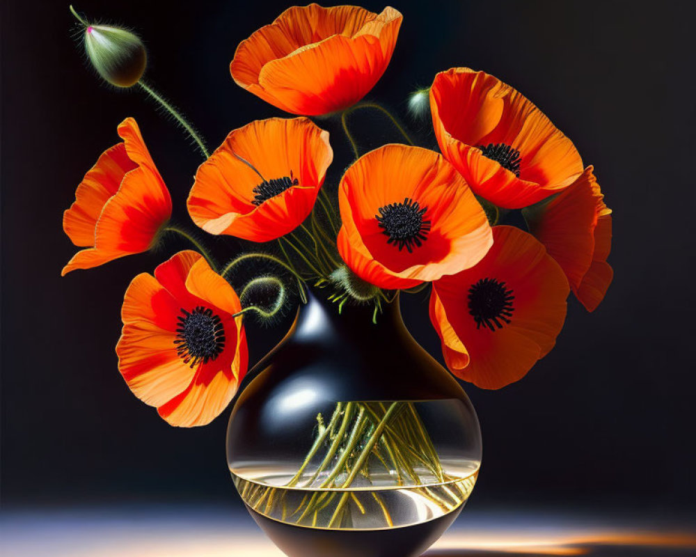 Red poppies in glossy vase against dark background