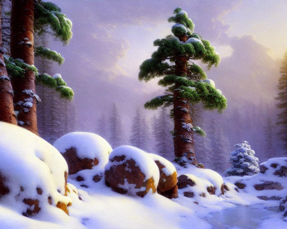 Snow-covered pines and boulders in serene winter landscape