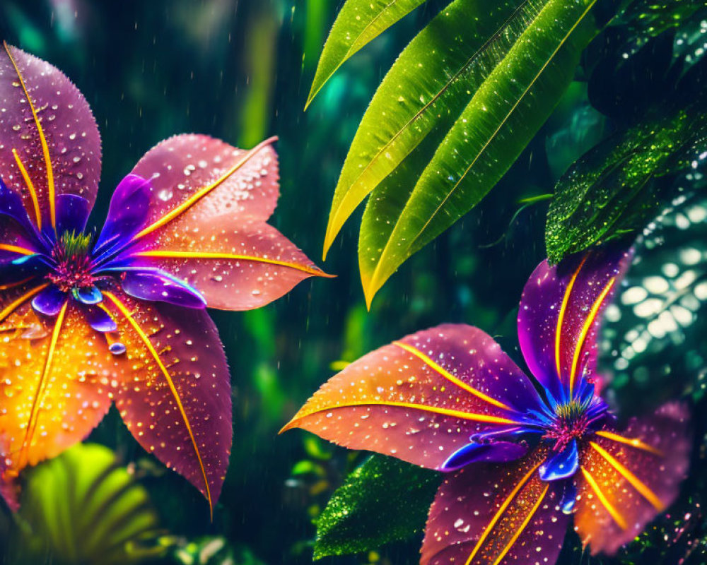 Colorful Flowers with Purple and Blue Hues and Raindrops in Rainy Setting