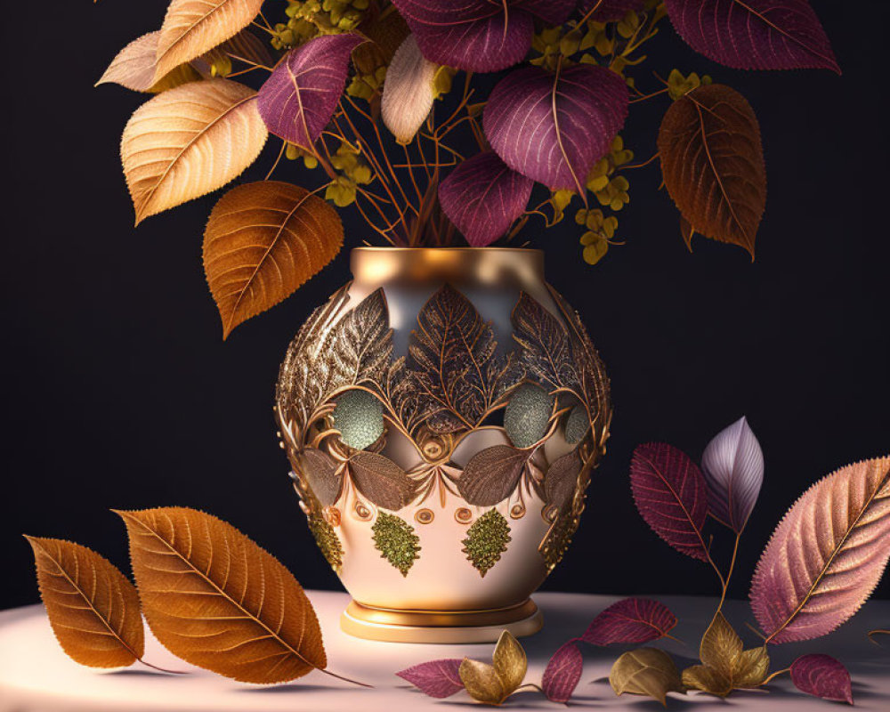 Ornate Leaf Pattern Vase Surrounded by Autumn Leaves and Yellow Flowers