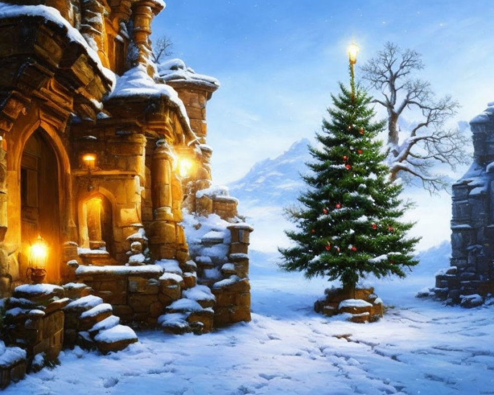 Snow-covered stone archway and illuminated Christmas tree against wintry mountain landscape