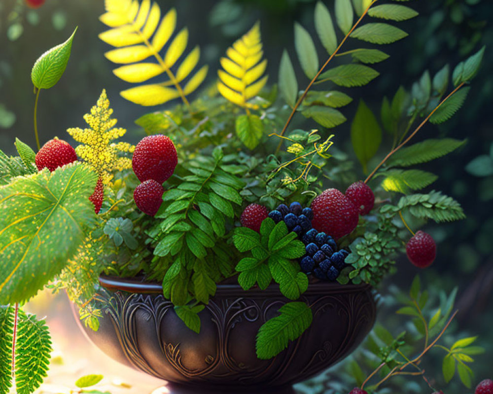 Assorted Berries and Green Leaves in Forest Setting