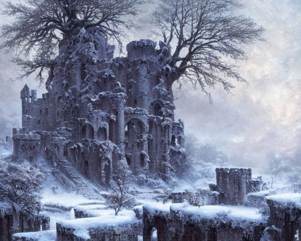 Snow-covered ancient castle in wintry landscape with bare trees and overcast skies