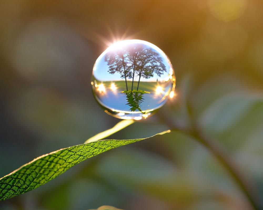 Crystal ball on leaf reflects sunset trees with radiant starburst.