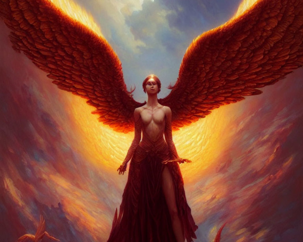 Fiery-winged angel in serene pose against dramatic sky