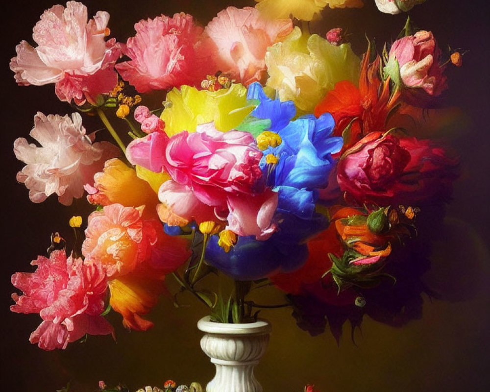 Colorful Flower Bouquet in White Vase on Floral Plate Against Dark Background