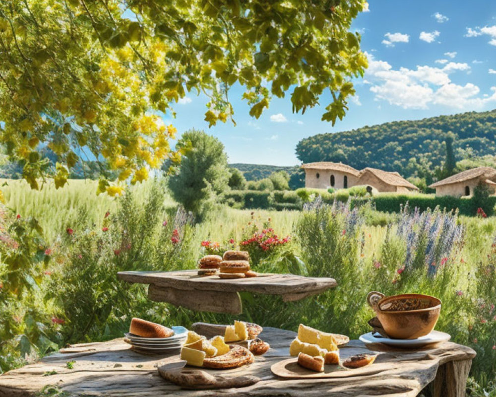 Rustic outdoor table set with cheese and bread overlooking countryside