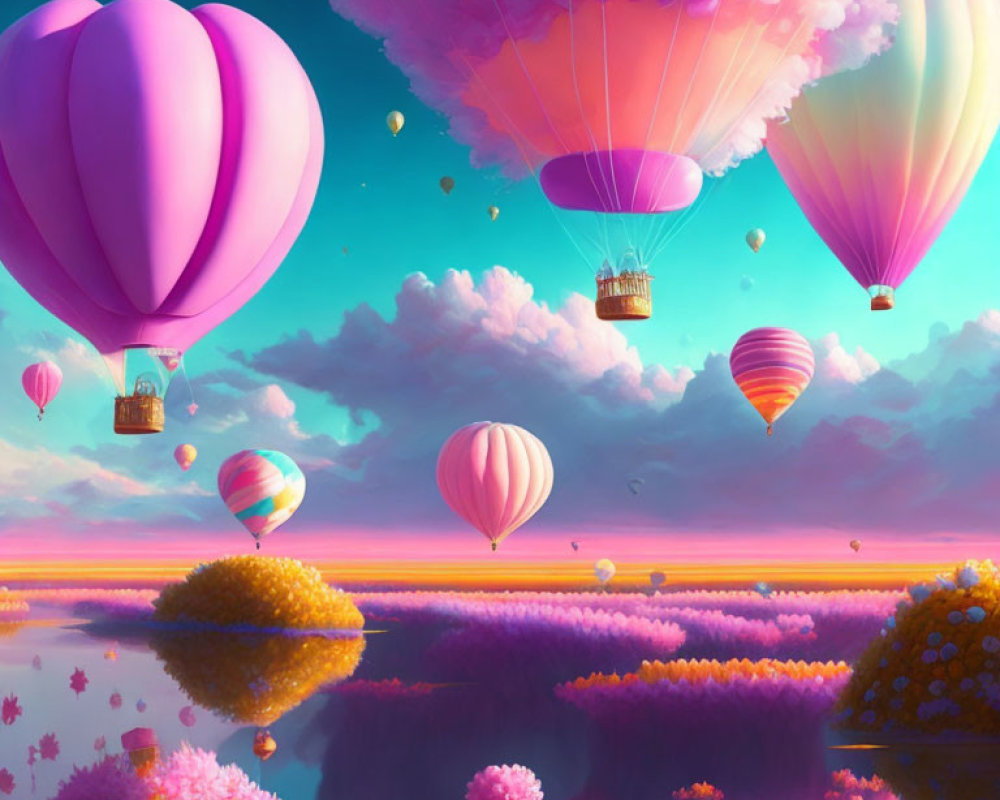 Vibrant hot air balloons over serene landscape with pink foliage