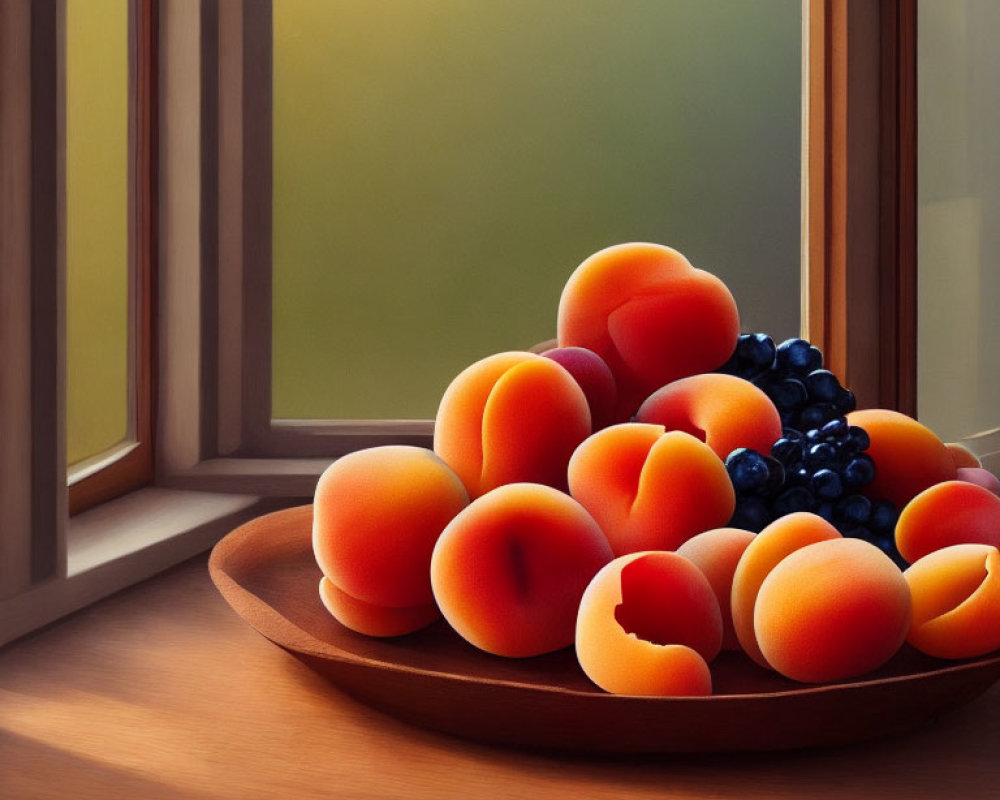 Wooden Plate with Ripe Peaches and Dark Grapes on Sunlit Windowsill