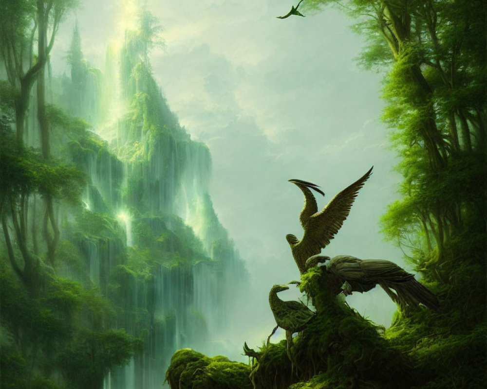 Mystical forest with green cliffs, waterfalls, bird, and dragon-like creature