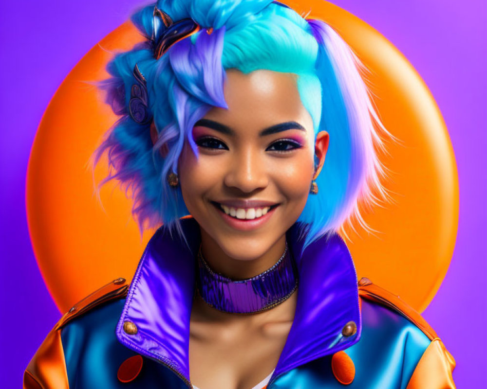 Colorful portrait of person with blue hair and orange headphones in vibrant leather jacket on purple background