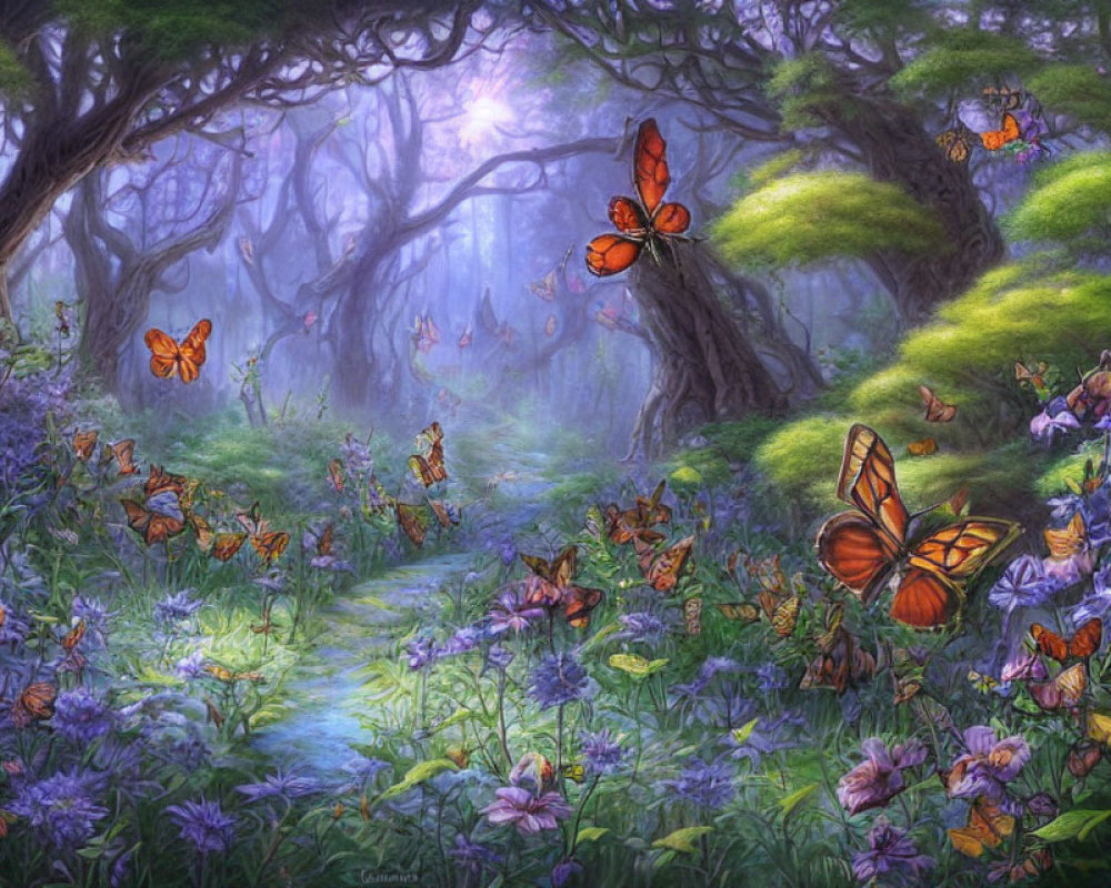 Mystical forest with purple flowers, moss, and butterflies