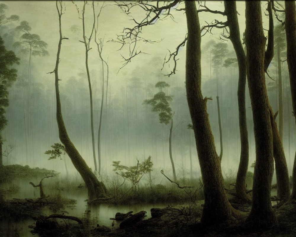 Mist-shrouded forest with gnarled trees and eerie light