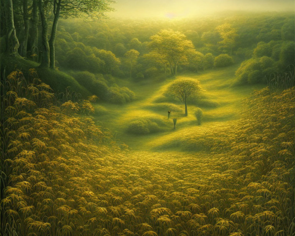 Tranquil forest clearing with figure in tall grass and sunlight piercing through