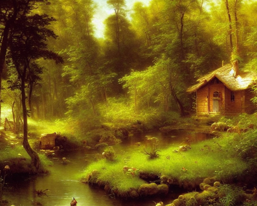 Tranquil forest scene with stream, wooden cabin, lush greenery, and warm glow