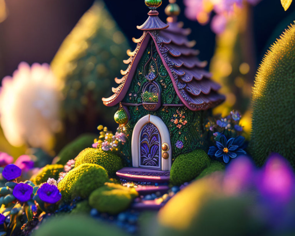 Miniature ornate house in lush fantasy foliage under warm light