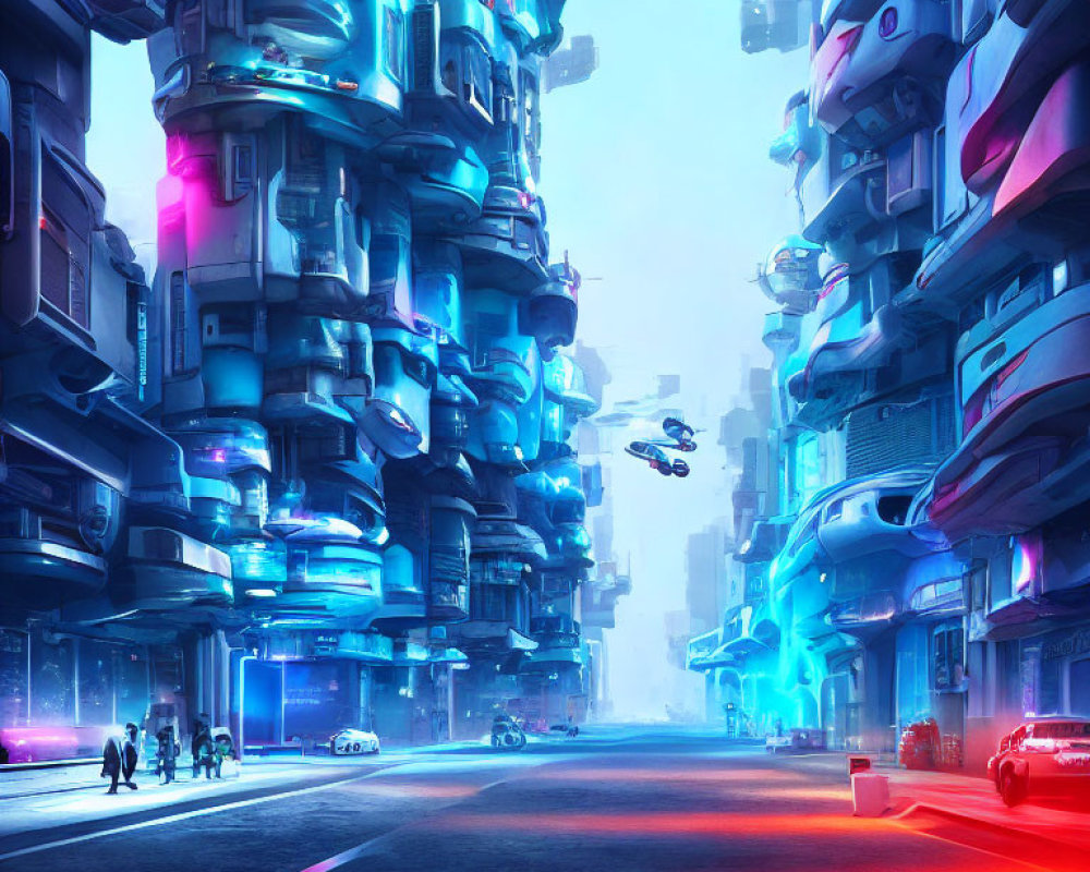 High-Tech Cityscape with Neon Lights and Flying Cars