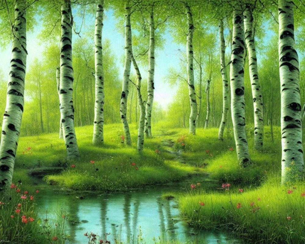 Tranquil Birch Forest with Stream and Wildflowers