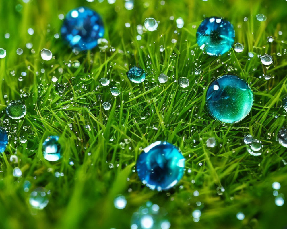 Macro photography: Dew drops on vibrant green grass with blue reflections