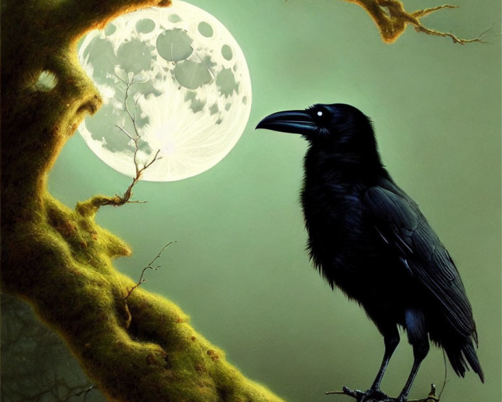 Raven on Mossy Branch Under Full Moon Night Scene