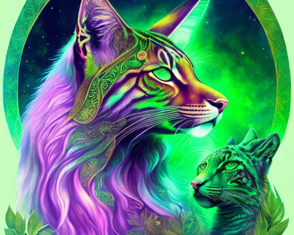 Colorful Stylized Cats Artwork on Neon Green Background