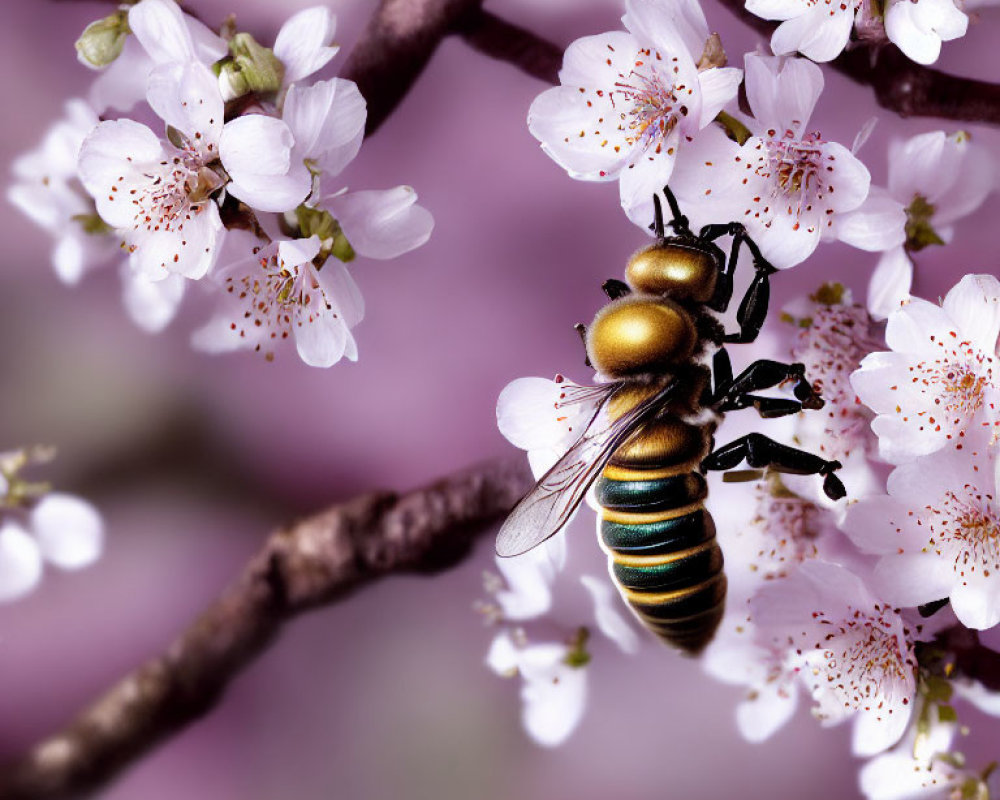 Striped bee pollinating pink cherry blossoms on brown branch with purple background