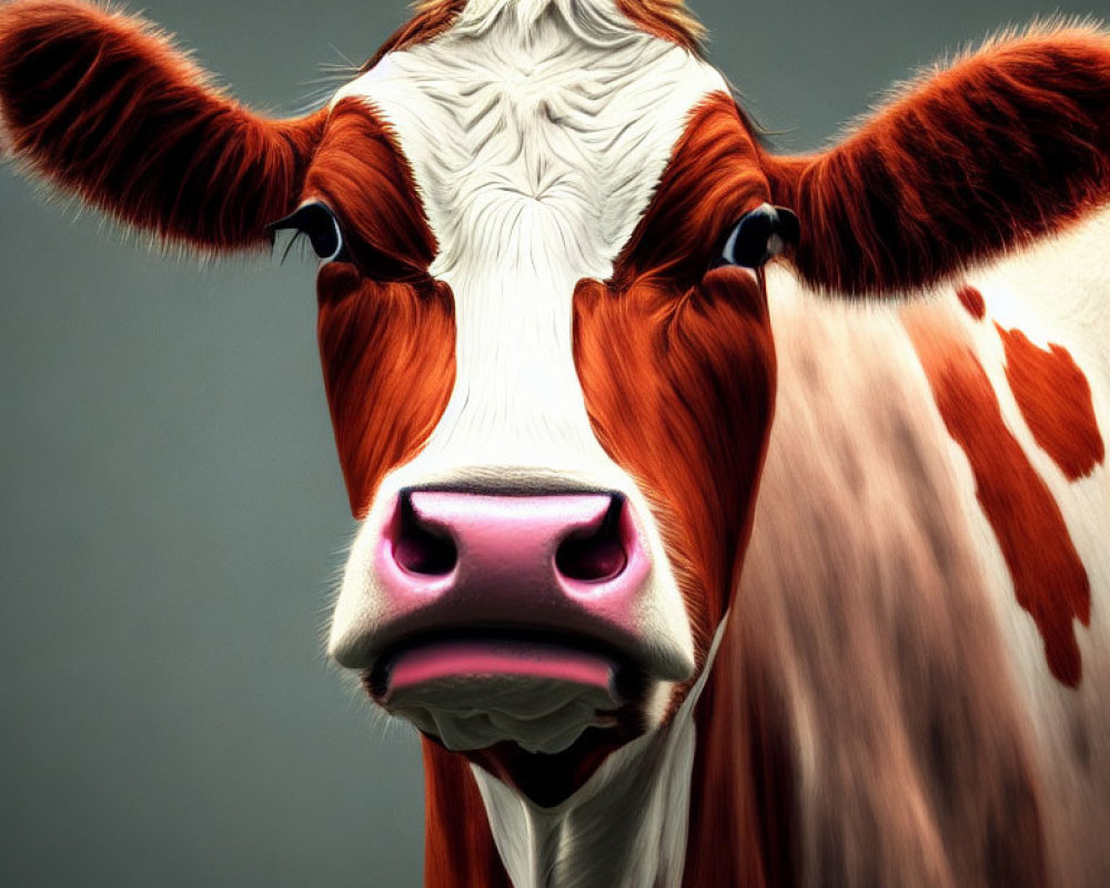 Brown and White Cow with Symmetrical Face on Grey Background