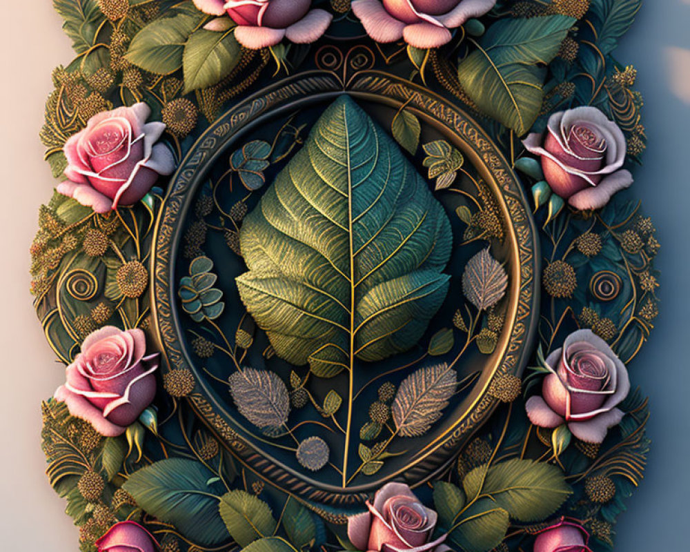 Symmetrical composition with green leaf, ornate patterns, pink roses in vintage frame