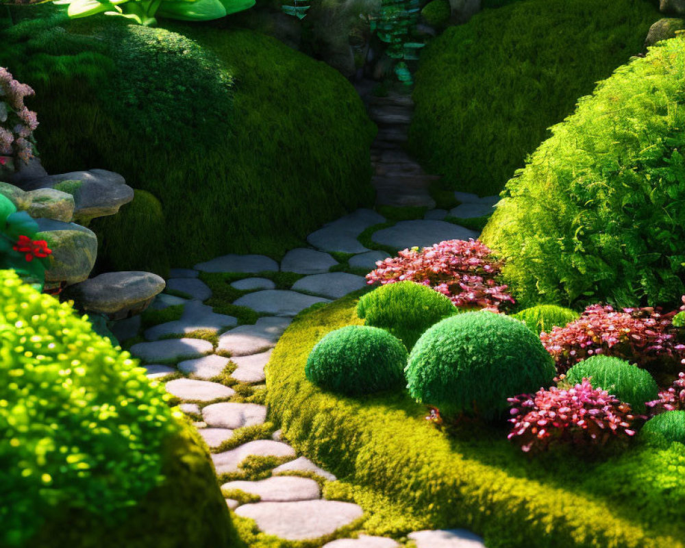 Lush Greenery and Flowering Plants Along Garden Path