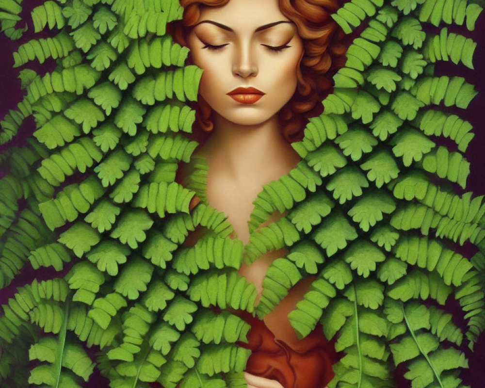 Curly-haired woman in serene pose among lush green fern leaves