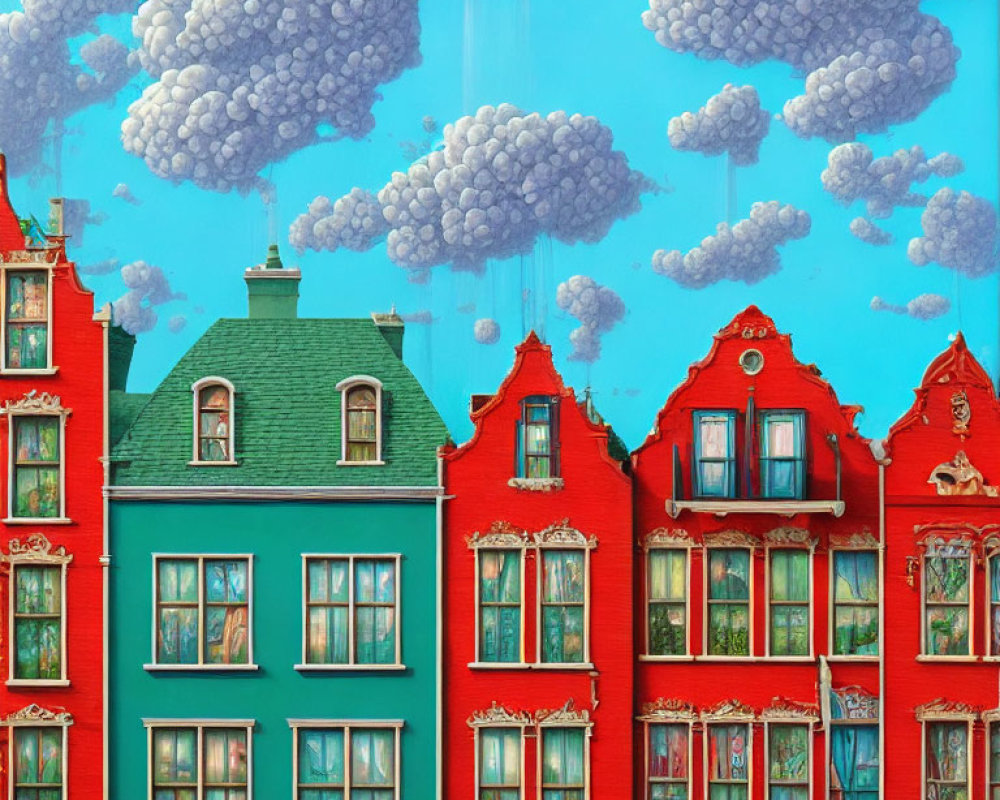 Vibrant surreal European-style buildings under rain clouds